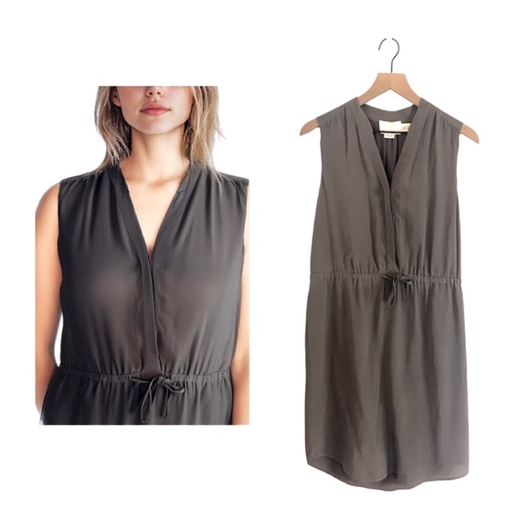 Cynthia Rowley | 100% Silk Taupe Drawstring V-neck Sleeveless Midi Dress Sz 6 - Picture 2 of 12